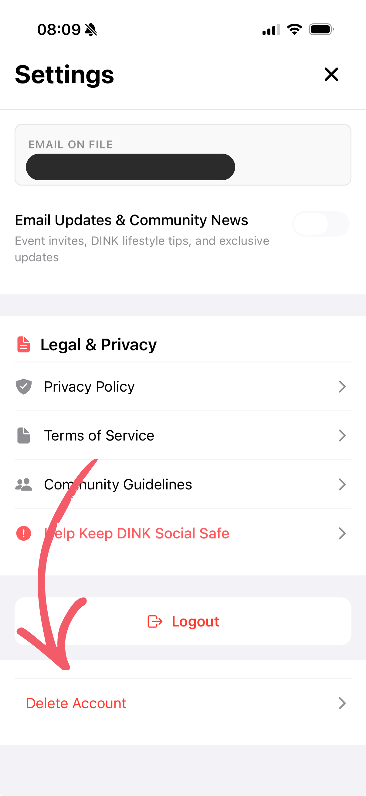 Settings screen with Delete Account button highlighted
