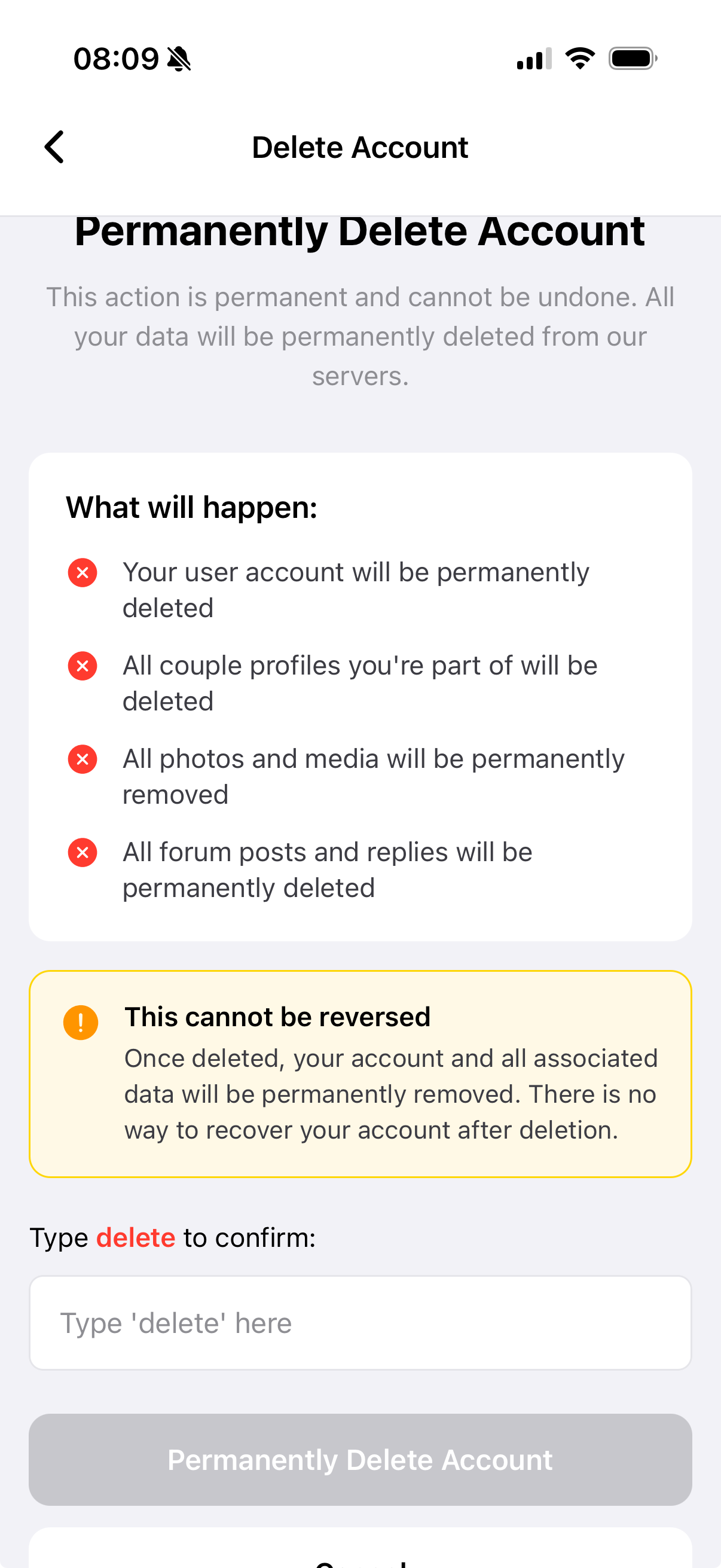 Delete Account screen showing warning and bullet points